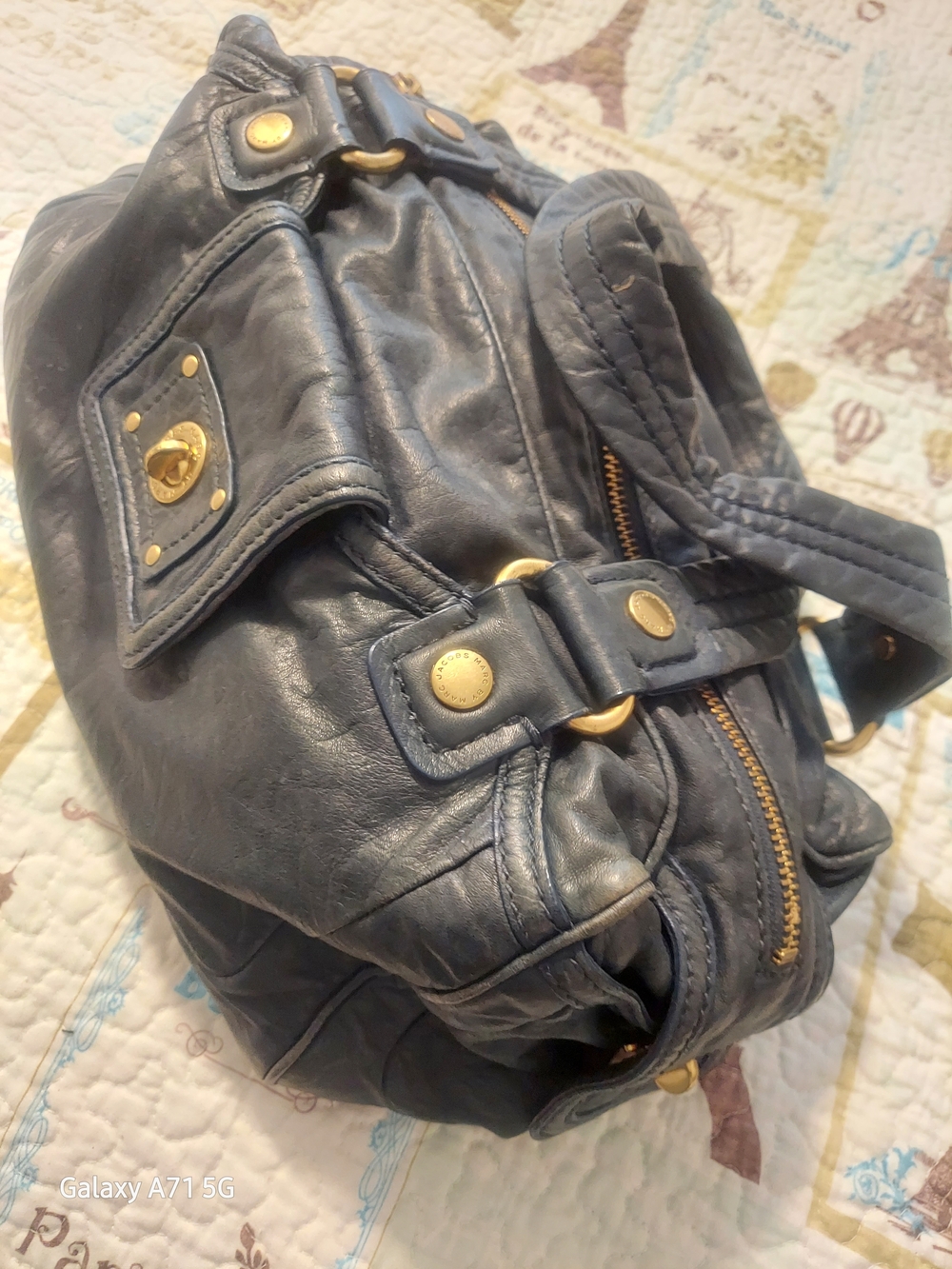 Marc Jacobs Navy Blue Leather Satchel with Gold Hardware